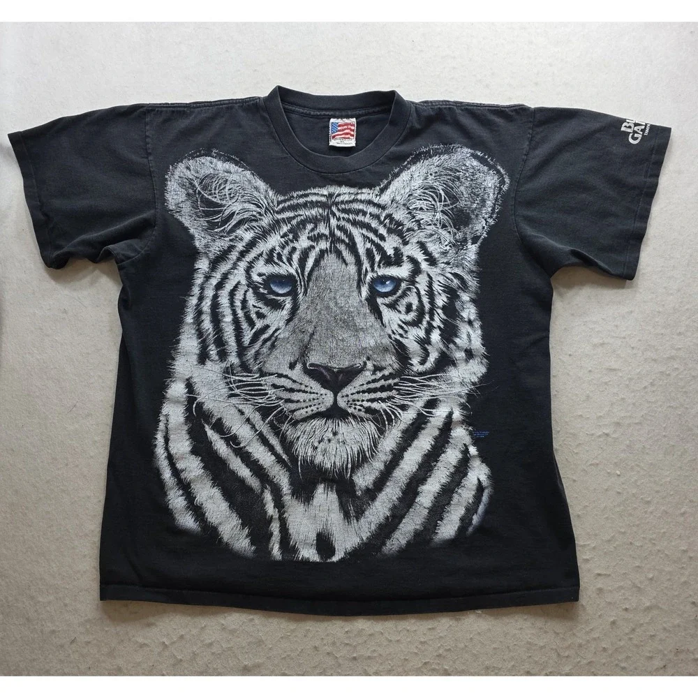 Trinity Products Vintage 1994 Men's White Tiger Print Black T-Shirt. Size XL